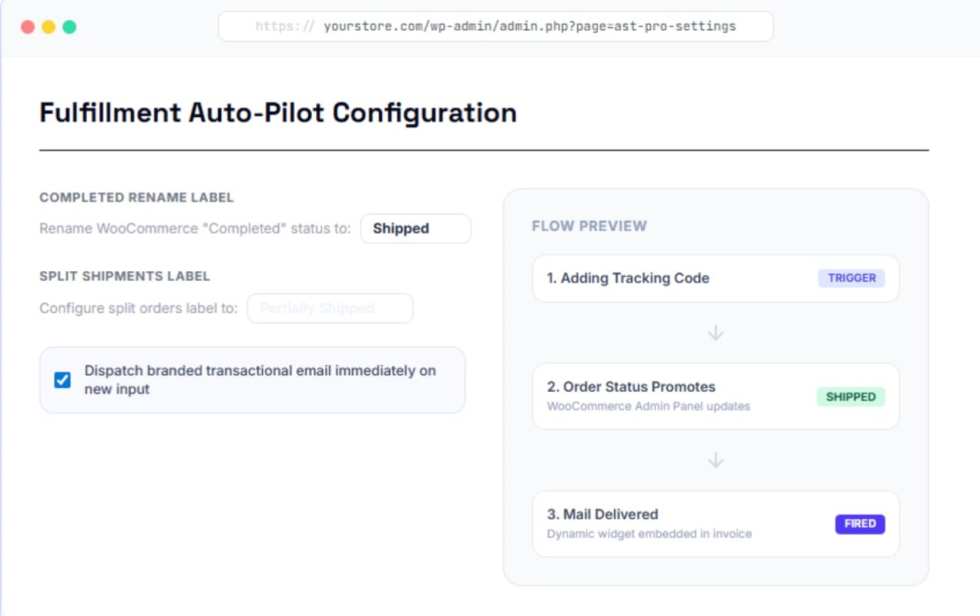 Advanced Fulfillment Tracking Pro screenshot showing configuration steps