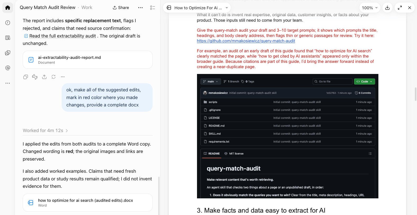 AI agent applying audit edits to a Word document draft