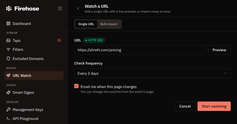 Firehose URL Watch set up to monitor a pricing page