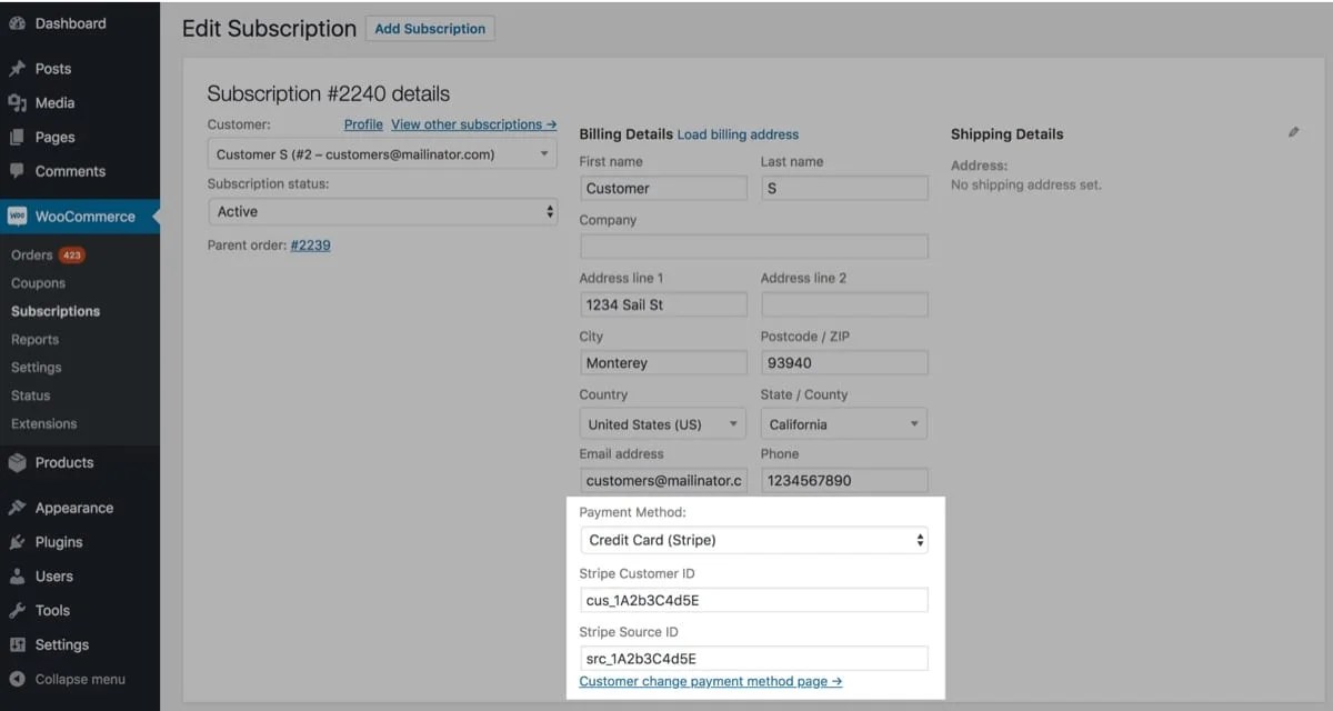 editing a subscription ID in WooCommerce