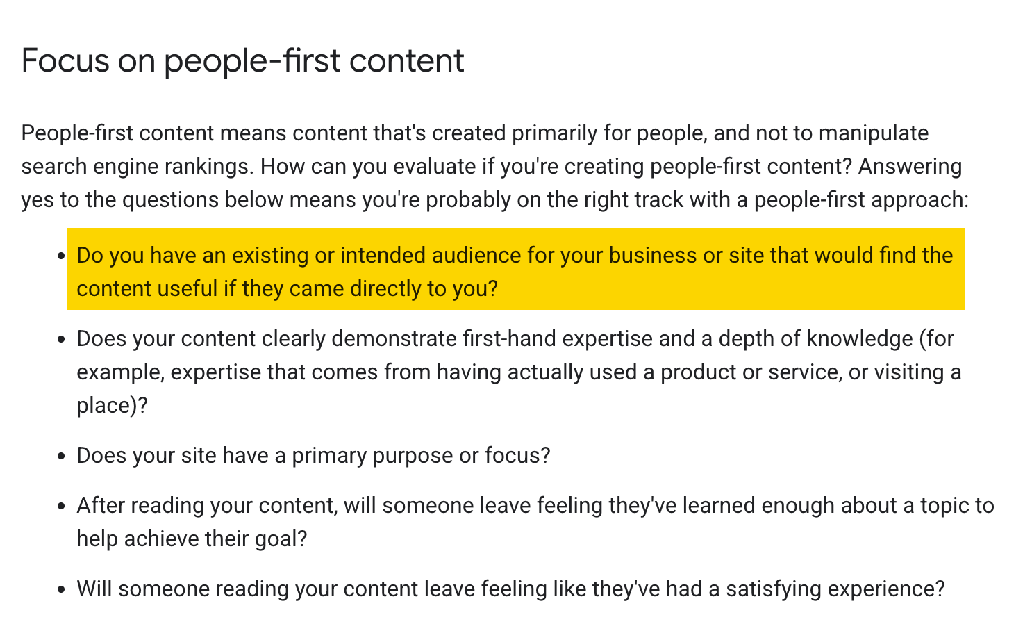 Google's helpful content guidance listing five people-first content questions, with the audience question highlighted in yellow.