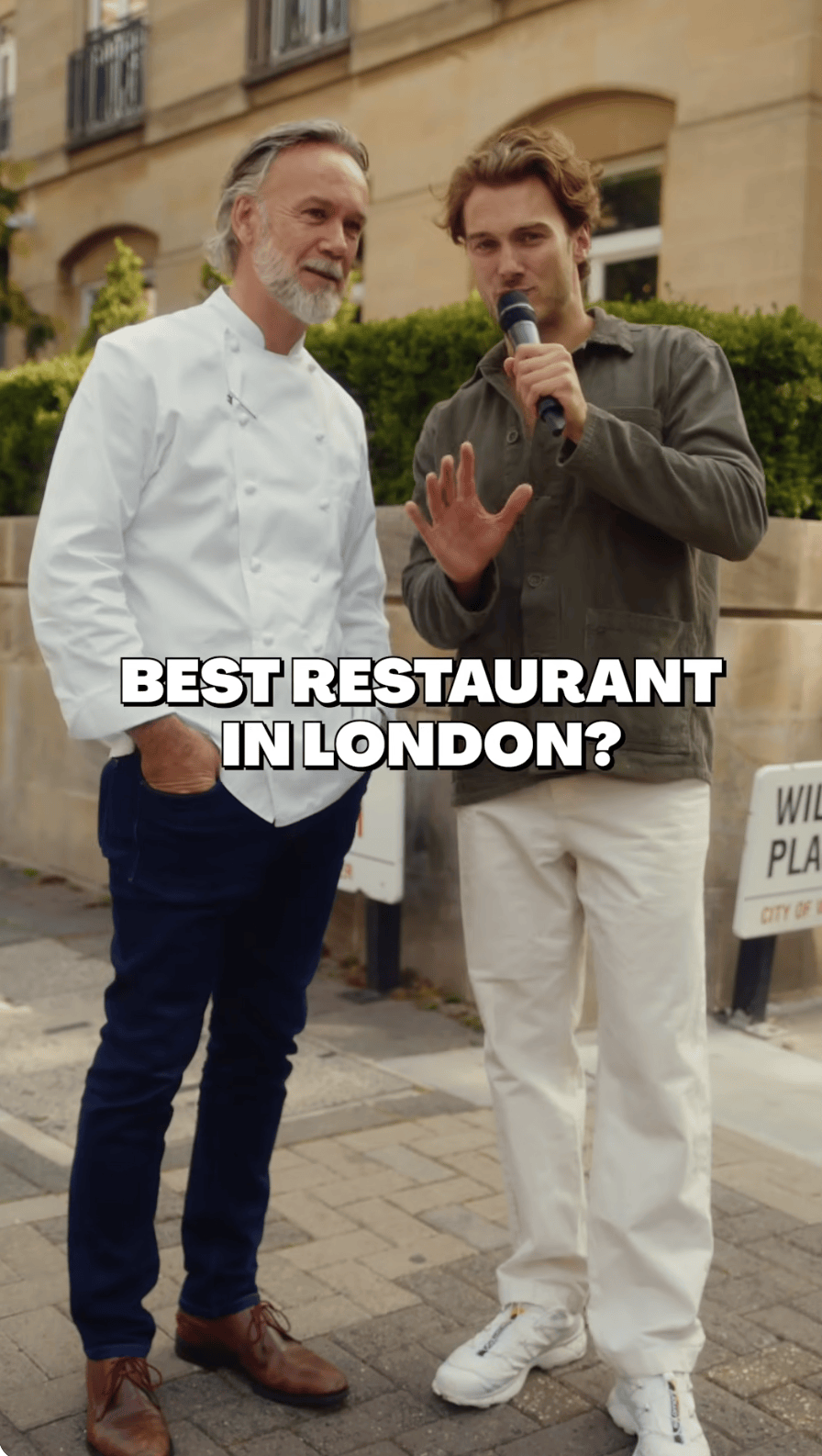 A TopJaw interviewer holds a microphone next to a chef in a white jacket, with the text "Best Restaurant in London?" overlaid.