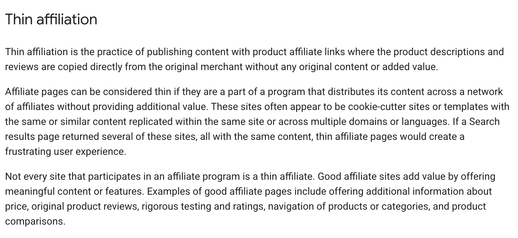 Google's thin affiliation policy page explaining how copying merchant content without added value can result in affiliate pages being flagged as thin.