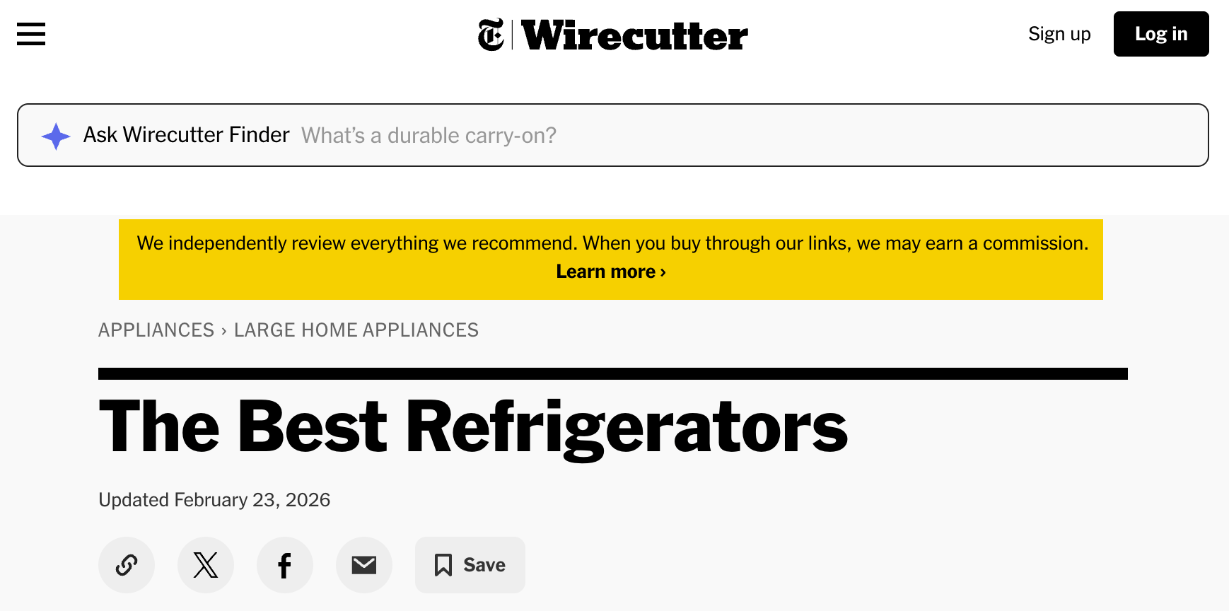 Wirecutter's "The Best Refrigerators" page showing a prominent yellow affiliate disclosure banner near the top stating they may earn a commission through links.