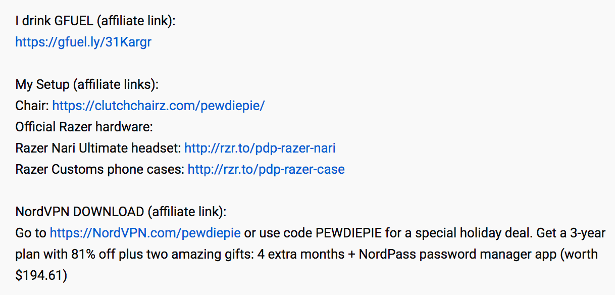 A YouTube video description showing affiliate link disclosures for GFUEL, Razer hardware, and NordVPN with labeled links and a promo code.