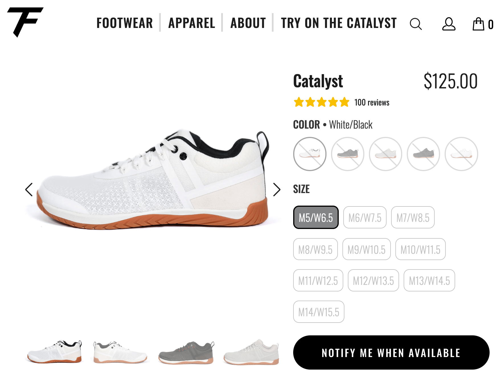 The That Fit Friend ecommerce product page for the Catalyst shoe, priced at $125.00 with a 5-star rating from 100 reviews.