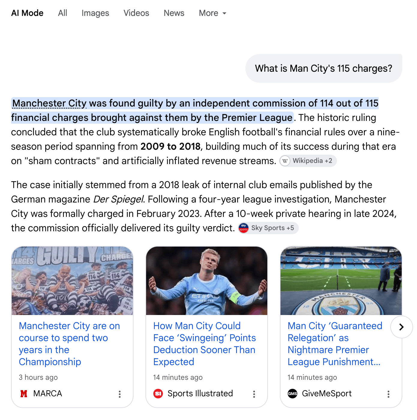 Screenshot of Google AI Mode providing a conversational summary and source links about Manchester City financial charges