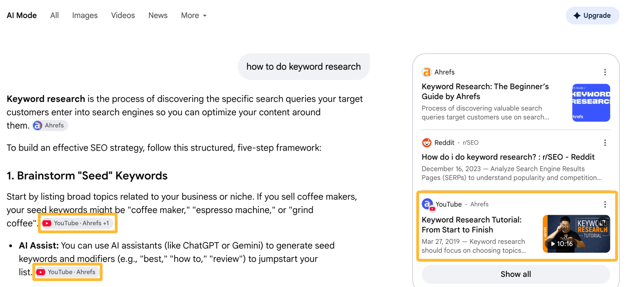 Screenshot of Google AI Mode citing an Ahrefs YouTube keyword research tutorial as a primary source
