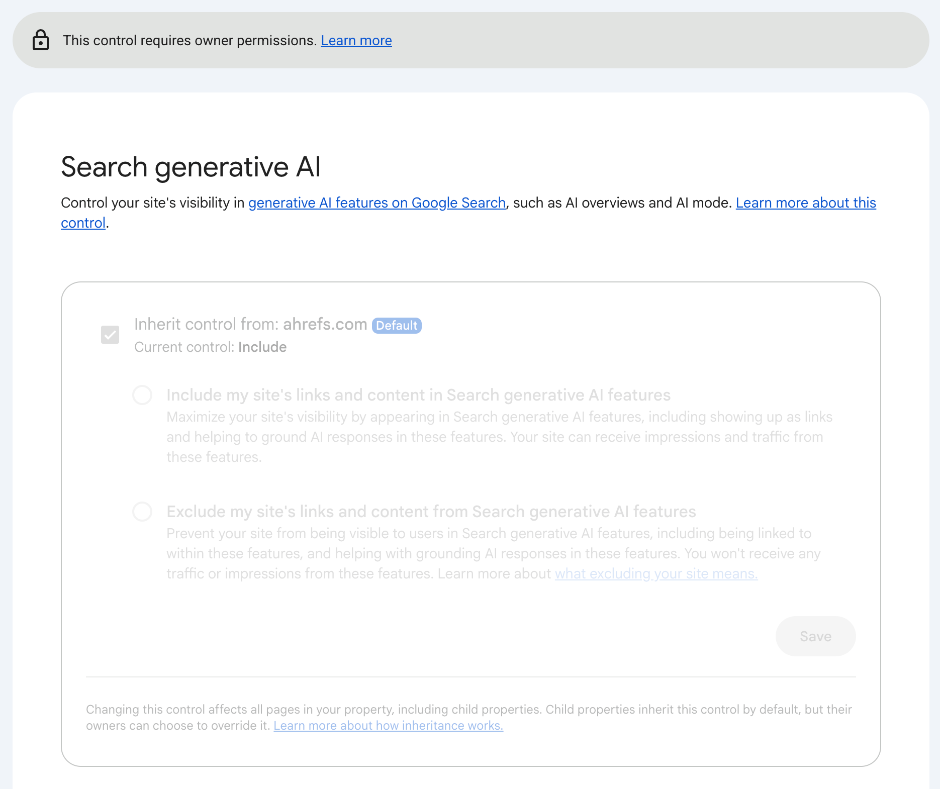 Screenshot of Google Search Console showing the Search generative AI control settings with options to include or exclude content