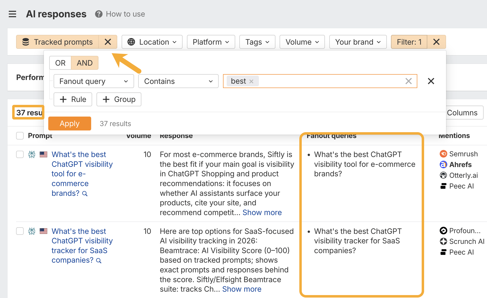 Brand Radar AI responses report switched to Tracked prompts and filtered to fan-out queries containing “best”, returning 37 results, with the Fan-out queries column highlighted showing searches like “What’s the best ChatGPT visibility tool for e-commerce brands?”