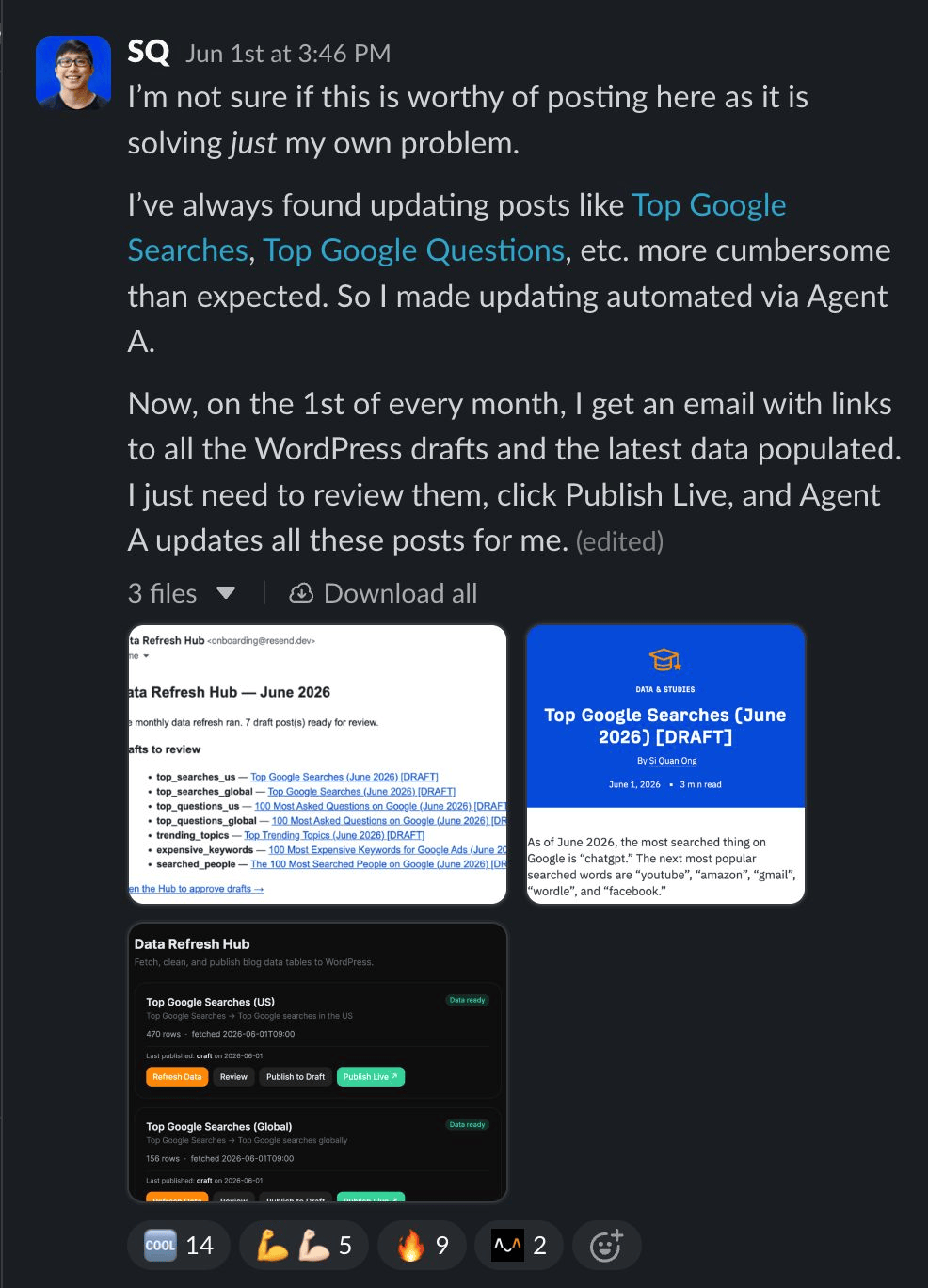 Slack message from SQ describing an automated monthly content update workflow, with attached screenshots of a Data Refresh Hub email listing seven draft posts and a dashboard showing Top Google Searches articles ready to publish.