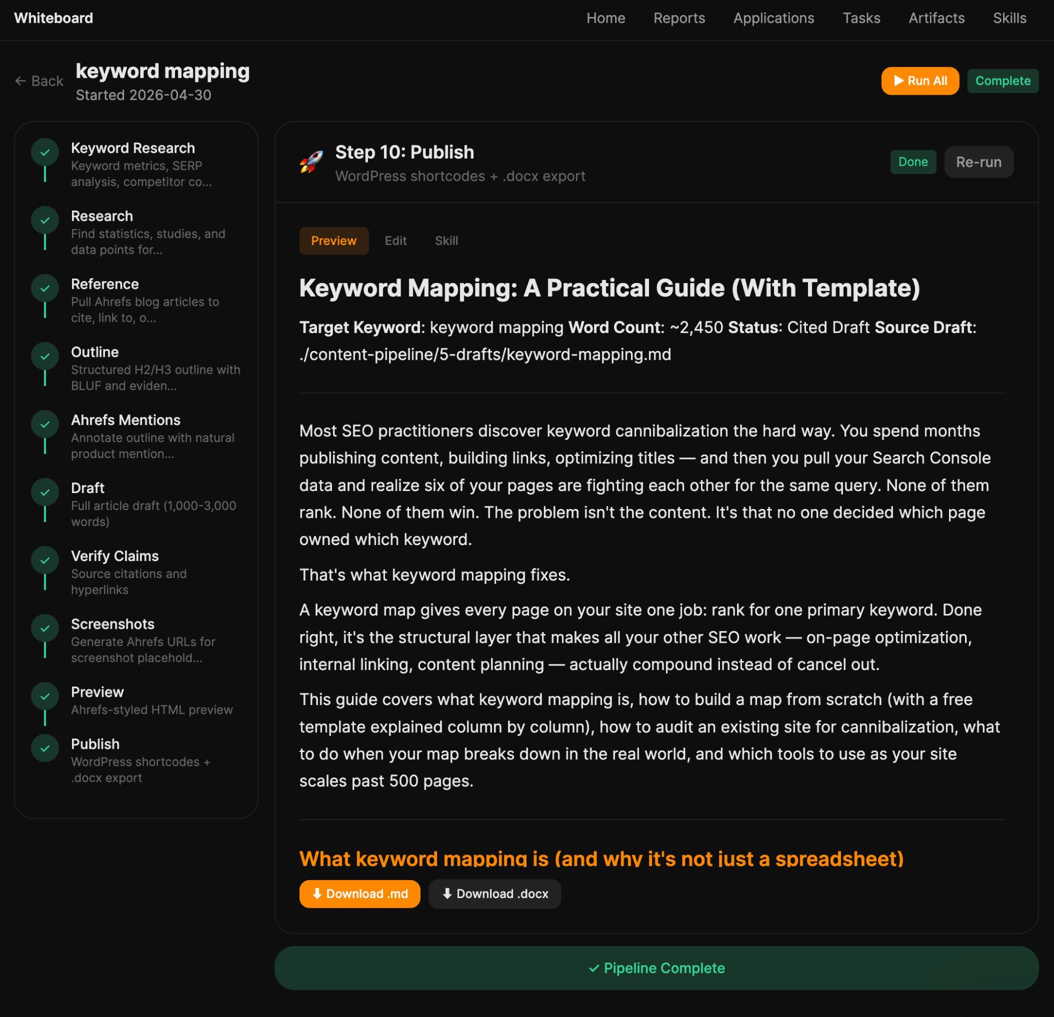 Letaido's Whiteboard interface showing a completed 10-step "keyword mapping" content pipeline with all stages checked off on the left and a full article draft preview on the right, marked "Pipeline Complete.