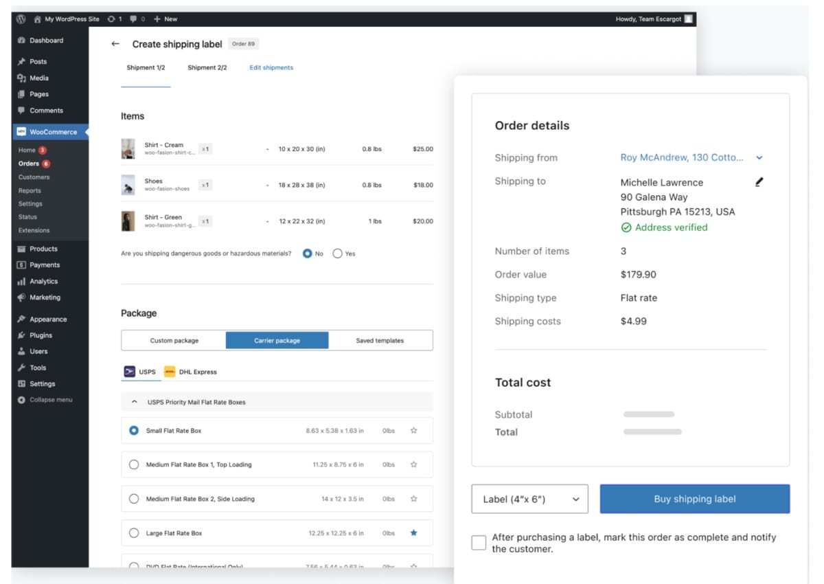 creating a shipping label with WooCommerce Shipping