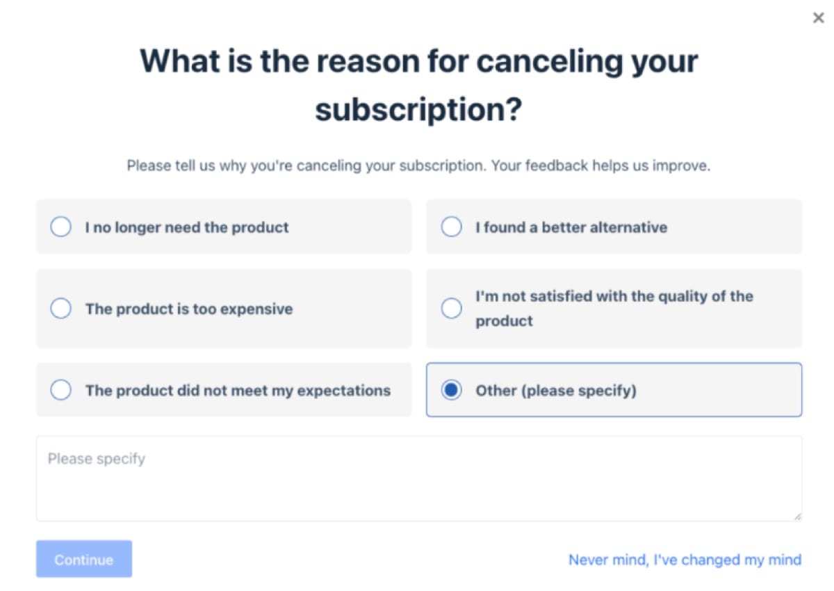 example survey from the Cancellation Survey and Offers for WooCommerce Subscriptions extension